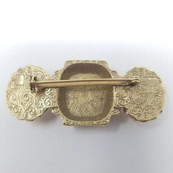 Vintage Faux Pearl and Purple Pink Cabochon 80s Bar Brooch Lapel Pin, Gold Tone - Picture 4 of 5